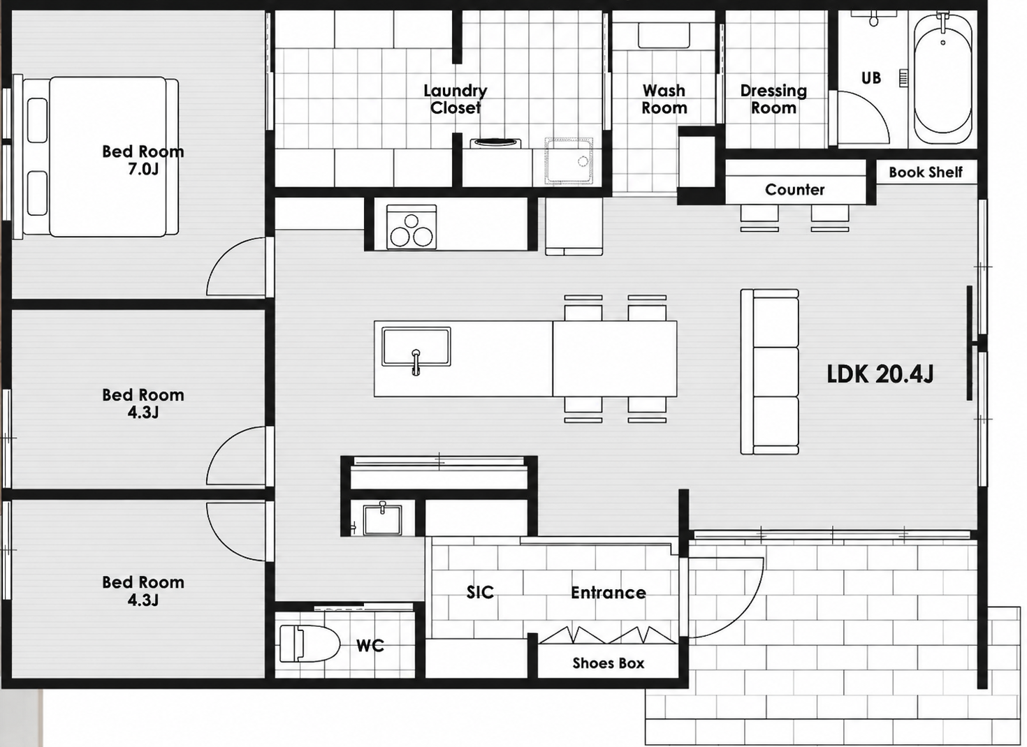 LDK20.4帖と3つの個室がある3LDK平屋の間取り図’